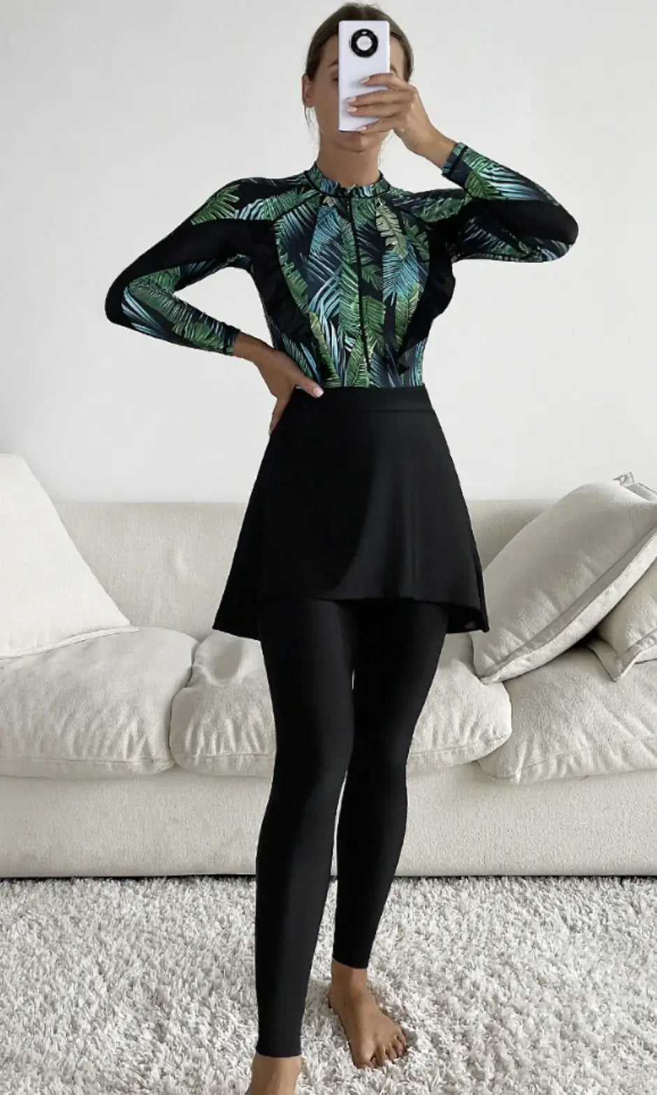 Burkini noir avec jupe et motifs nature