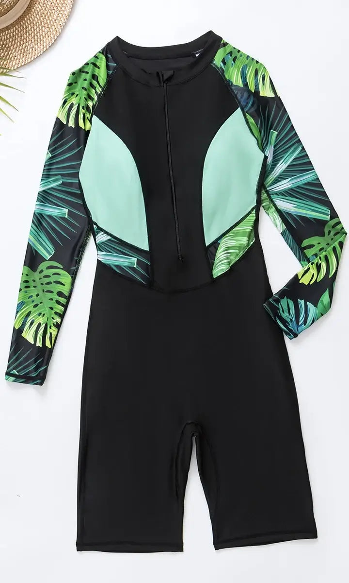 Burkini combinaison 1 pièce manches longues et short (zoom sur les détails)